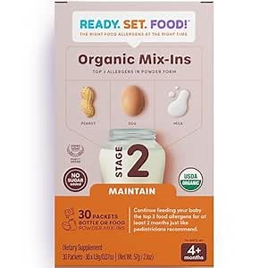 Stage 2 Mix-ins – Safe & Easy Early Allergen Introduction for Babies 4+ Months, Mix with a Bottle or Baby Food, With 3 Top Allergens: Organic Peanuts, Milk & Eggs By Ready Set Food! (30 Days)