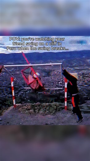 history on Instagram: "The video was filmed at a cliffside tourist viewpoint in Ayacucho, Peru, where visitors are strapped into a spinning chair marketed as an “astronaut experience.” The device is mounted over a ravine and rotates riders outward toward open air for a thrill effect. In the footage, the man is already seated and spinning when the metal frame begins to flex under the load. Without warning, the chair’s support fails mid-rotation. The seat detaches completely, and the man drops str