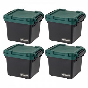 Remington 30 Qt Heavy Duty Trail Box, Stackable Storage Bin with Latching Lids, Black, 4Pk