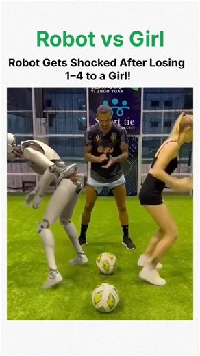 Social Tech on Instagram: "Robot vs Girl… and this turned into one of the funniest football battles ever! 🤖⚽🔥 In this challenge, both the robot and the girl have to turn their backs and push the football behind them without looking. Whoever pushes more balls across the line wins the match. Sounds simple, but it becomes chaotic FAST! 😂 The robot started strong with perfect balance and mechanical precision… but the girl used instinct, speed, and smart footwork to beat the robot in style. Final 