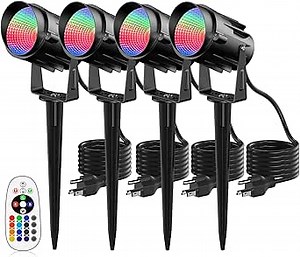Spotlight Outdoor RGB Led Lights, 12W Color Changing Outdoor Floodlight Fixture with Stake for Garden Yard Path, 120V Waterproof Landscape Lighting Plug in with Remote (4 Pack)