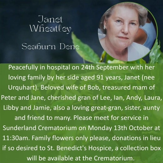 Funeral notice for the late Janet Wheatley | Gavin J. Reynolds Family Funeral Directors