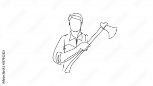 Animated self drawing of continuous line draw lumberjack holding two axes crossed. Crossed axes, crossed firefighter axe, fireman axe, Hatchet for carpentry tools. Full length one line animation