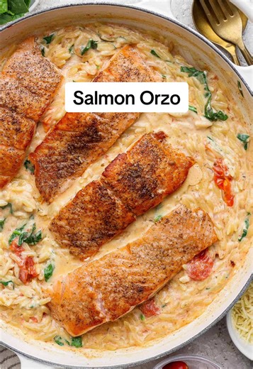 NEW! Creamy Orzo Salmon - This creamy salmon orzo is the ultimate easy weeknight dinner—made all in one pan with tender salmon, perfectly cooked orzo, and a rich, herby cheese sauce. It’s packed with flavor from fresh spinach, juicy tomatoes, and garlic, creating a balanced meal that feels fancy but comes together in about 30 minutes. If you’re looking for a cozy, high-protein dinner recipe that’s both family-friendly and meal prep approved, this one checks all the boxes. Save this one-pan salmo