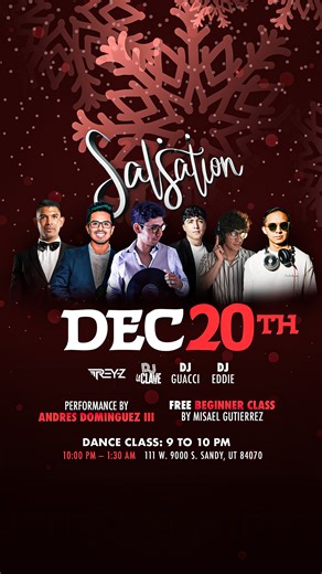 Salsation Utah on Instagram: "🗓 Dec 20th ✨ Get your dance shoes ready!🔥 FREE Beginner Class by Misael Gutierrez 𝟵:𝟬𝟬 to 𝟭𝟬:𝟬𝟬 𝗣𝗠 No partner needed Performance by: 🕺🏻 Andrew Dominguez III Social: 10:00 PM to 1:30 AM Dress Code: Dress to impress ✨ 𝐃𝐉𝐬: 🎧 DJ Eddie 🎧 DJ Guacci 🎧 DJ Trey-Z 🎧 DJ La Clave 📢 Price: Earlybird $12 (Before 10 pm) / Regular $15 / College student discount with valid ID $8 📍 Venue: Athena VII 111 W 9000 S, Sandy, UT *𝘚𝘈𝘓𝘚𝘌𝘙𝘖𝘚 & 𝘉𝘈𝘊𝘏𝘈𝘛𝘌𝘙𝘖