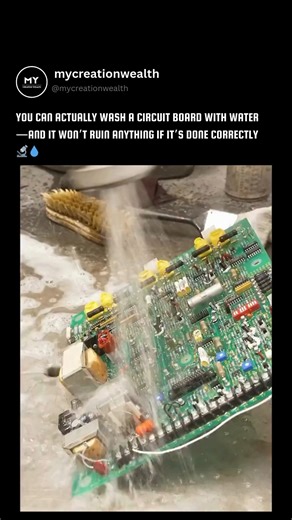 creation wealth on Instagram: "You can actually wash a circuit board with water—and it won’t ruin anything if it’s done correctly 🔬💧 Modern PCBs are engineered to survive far harsher conditions than most people realize. During manufacturing and repair, technicians routinely wash boards to remove flux residue, dust, and contaminants that interfere with signal integrity or cause long-term corrosion. The real danger isn’t water—it’s electricity. As long as the board is unpowered and fully dried, 