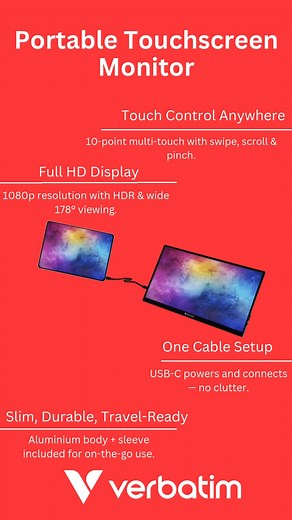 🖥️ Turn any space into your workspace. Say hello to the Verbatim Portable Touchscreen Monitor your perfect on-the-go companion. Whether you’re presenting, gaming, or multitasking, this ultra-slim Full HD screen delivers crystal-clear visuals, intuitive touch control, and effortless connectivity via USB-C or HDMI. Take your screen anywhere and get more done no desk required. 👉 Check it out here: https://www.verbatim.com.au/products/portable-touchscreen-monitor/ #VerbatimAustralia #PortableTouch