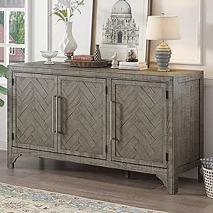 ZSQ Farmhouse Style Sideboard Cabinet with Adjustable Shelves, MDF + Pine, Retro Buffet Table for Living Room, Entrance, Study (Gray)