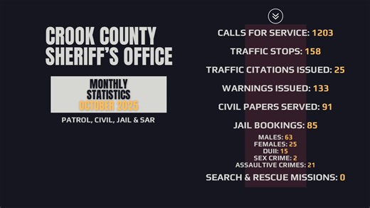 11K views · 55 reactions | October 2025 Patrol, Jail, and SAR statistics. | Crook County Sheriff's Office | Facebook