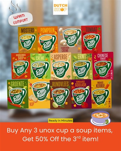 【Soup Bliss😋】Discover our Unox Cup a Soup series! Now, buy any 3 unox instant soup items, get 50% off the 3rd item. Grab yours today and taste the comfort anytime, anywhere 🧡🧡🧡 www.dutchshop.hk/collections/soup-1 #Dutchshophk #dutchsnacks #dutchfood #instantsoup #unox #cupasoup | Dutch Shop HK