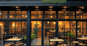Exterior view of a restaurant at night with warm lighting a brick wall and glass windows visible through black frames. Includes interior and exterior views of restaurant. Night lights and brick wall