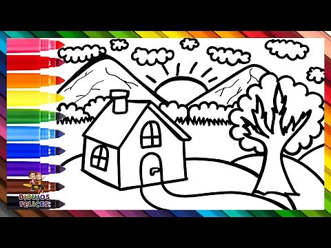 Dibuja y Colorea Un Paisaje Muy Fácil 🏠🌳🌄🌈 Dibujos Para Niños