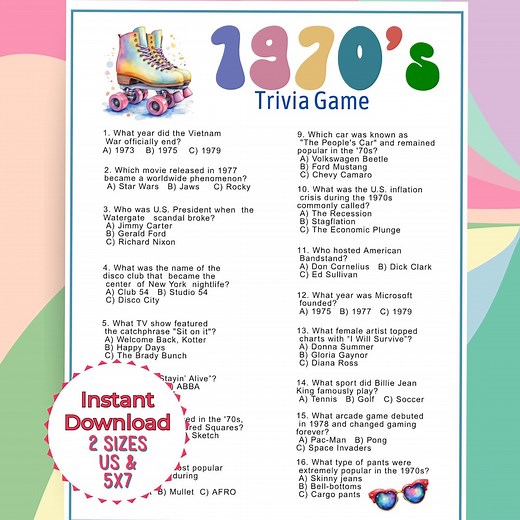 70s Trivia Questions and Answers Printable, 1970s Trivia Quiz, Pub Night Trivia Questions, 1970s Nostalgia Quiz, 70s Themed Party Games - Etsy