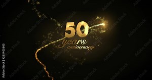 50 years anniversary motion graphic 4K footage with golden sparkling trail, particles and number. Background with alpha channel