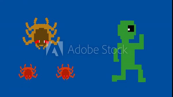 Pixel art style animation with an alien and spiders moving on a blue background, vintage, pixel, 2D.