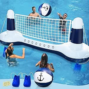 Large Inflatable Pool Games Volleyball Net Pool Float Set with 9" Anchor Ball, 2 Weight Bags & Yacht Design – Floating Swimming Game Toy for Adults, Perfect for Summer Water Sport Pool Party