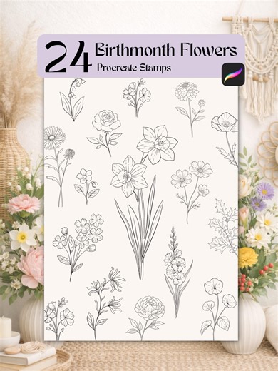 24 Birth Month Flower Procreate Stamps, Fine Line Botanical Tattoo Brushes, Elegant Floral Collection - Etsy