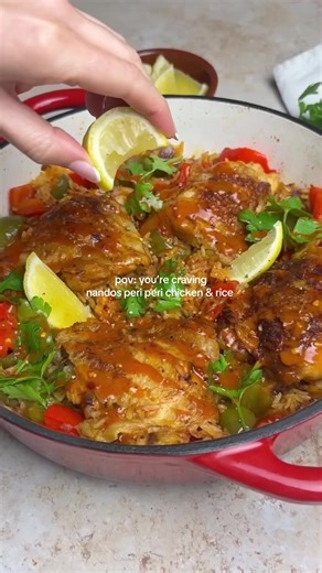 One Pan Peri Peri Chicken & Rice Get some spice in your life with my One Pan Peri Peri Chicken & Rice. This is the ultimate midweek dinner bold, smoky, slightly spicy and ready in under 30 minutes. Everything cooks together in one pan, meaning minimal washing up and maximum flavour. Ingredients: Serves 4 (540 calories | 40g protein full macros on my website in bio) * 4 large chicken thighs (or 600g chicken breast) * 1 large onion, chopped * 2 bell peppers, sliced * 1 red chilli, sliced * 1 tbsp 