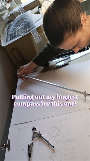 Gothic Geometry | Lucie Rose Galvani on Instagram: "It's called a beam compass! 😋 This one is a vintage Kern, I love it! (Got it from @mike.wyndham ) Basically it's a few metal rods that fit into each other to make it longer. Much more stable than a standard compass extension in my opinion! There are cheaper more recent models of beam compasses. 😉 Currently working on an arch from Cologne Cathedral for my upcoming February online geometry course! 📏🖥️ (It will be doable in a smaller format) �