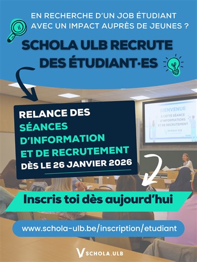 📣 Schola ULB recrute des étudiant·es du supérieur (Univ ou Haute Ecole) pour apporter un soutien scolaire auprès d’élèves en difficulté à Bruxelles ! 💸 Défrayé - 💙 Ultra humain - 📚 Acquisition de compétences pour le CV 👉 Remplis le formulaire pour t'inscrire à une séance de recrutement : www.schola-ulb.be/inscription/etudiant #ScholaULB #recrutement #jobetudiants #studentjob #jeunes #solidarité #éducation #égalitédeschances #ProgrammeTutorat