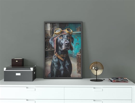 Steampunk Black Lab Art, Dog in Aviator Helmet Oil Painting, Victorian Industrial Pet Print, Labrador Pilot Poster, Teal Workshop Decor - Etsy
