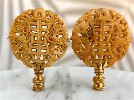 Chinese Longevity Symbol Lamp Finials in Deep Golden Yellow on Brass Hardware - A Matching Pair - Etsy