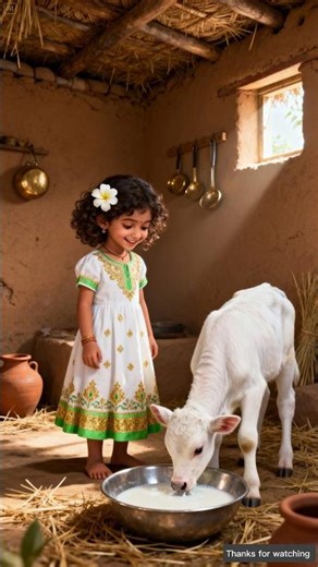 Cute baby girl saved a hungry calf by feeding it milk 😭 #ai #save #baby #cow