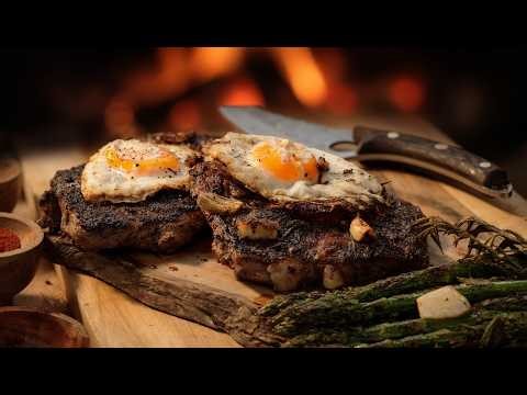 Cooking Steak in the Rain Over Fire - Forest Camp Cooking
