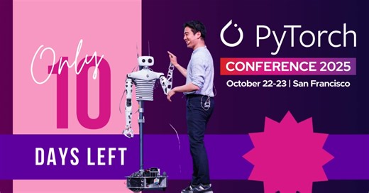 We’re just 10 days away from PyTorch Conference lighting up San Francisco! ⚡ Get ready for two full days of breakthrough sessions, hands-on learning, and inspiring connections with the global PyTorch community. If you haven’t secured your spot yet, there’s still time! Don’t miss your chance to be part of the conversations and discoveries shaping the future of AI and machine learning. 📅 October 22–23 | San Francisco 👉 Register now: https://hubs.la/Q03N0gn70 #PyTorchConf #PyTorchCon #PyTorch #Py