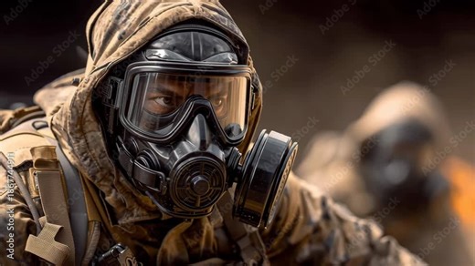 Individual wearing tactical gear and gas mask advancing through hazardous environment with focused expression, showcasing determination and preparedness in a challenging situation