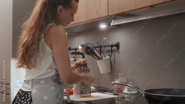 A woman wearing a polka-dot apron grates a carrot using a box grater in a kitchen. She is preparing food as part of her daily routine, surrounded by cooking utensils and sliced vegetables.