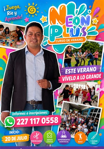 🌞🎨📚 ¡Este verano la diversión y el aprendizaje te esperan en Neón Plus! 🎉 Inscribe a tus hijos en un curso lleno de experiencias inolvidables, donde podrán desarrollar su creatividad, hacer nuevos amigos y aprender mientras se divierten. ✨ Manualidades ✨ Juegos lúdicos ✨ Experimentos científicos ✨ Baile ✨ Actividades recreativas ✨ Y mucho más 👧🧒 Dirigido a niños y jóvenes de nivel preescolar, primaria y secundaria. 📅 Inicio: 20 de julio 📍 Av. 20 de Noviembre #324, Huejotzingo, Puebla 📲 