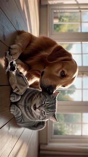 Dog getting mad but still cares about the cat