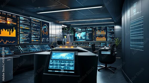 Futuristic Control Room with Multiple Screens Displaying Data