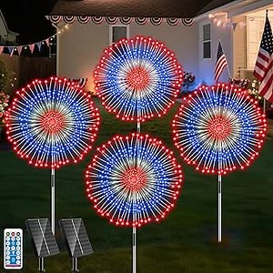 4th of July Decorations Solar Fireworks Lights Outdoor, 8 Modes Red White Blue Patriotic Lights with Remote Timer Solar Light for Garden Yard Party Decoration July 4th Decor Independence Day