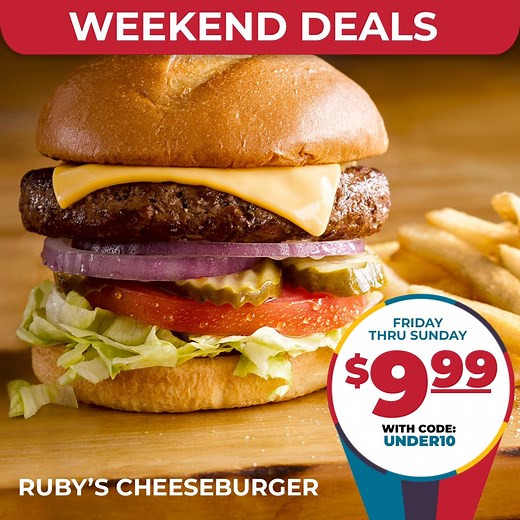 Celebrate the end of another successful week with Weekend Deals including our 6 oz Rib Eye, Garden Bar Entree, Ruby's Cheeseburger or Meaty Baked Penne each for only $9.99 ALL DAY now through Sunday, 3/26. Available for dine-in, online or in our new app with code: UNDER10. | Ruby Tuesday