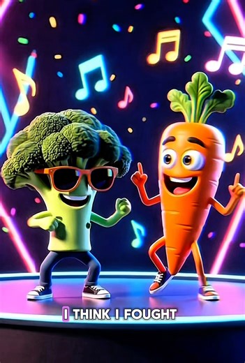 A 3D animated dance battle between broccoli and carrot on a neon stage.🥦🥕😂