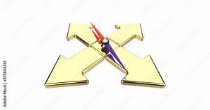 Arrow of the golden compass indicates direction animation. Compass. Transparent background with alpha channel. 4K resolution. 3D Illustration.