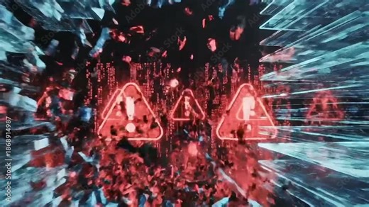 Red digital warning sign with exclamation mark shattered glass and binary code cyber alert, digital data flow with glowing red light streams and digital explosion bursting outward dynamic futuristic