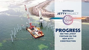 STEADY PROGRESS: Check out the latest footage for the new jetty project construction, the concrete slabs are following behind the piles closely and are nearly at the loop with the first seat and shade area laid. | Whyalla City Council