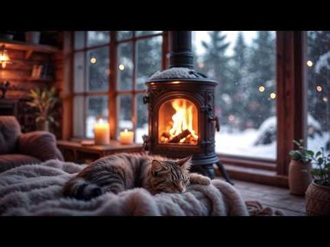 Fireplace & Sleeping Cat ASMR 🐈 Heavy Snowfall ❄️ Winter Cozy Cabin Ambience for Deep Sleep & Relax