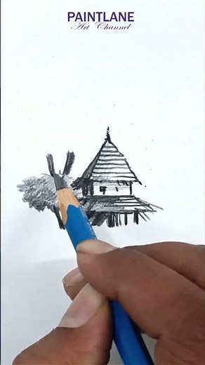Pencil shading Tree and Hut in Scenery Art #shorts #art #pencilshading
