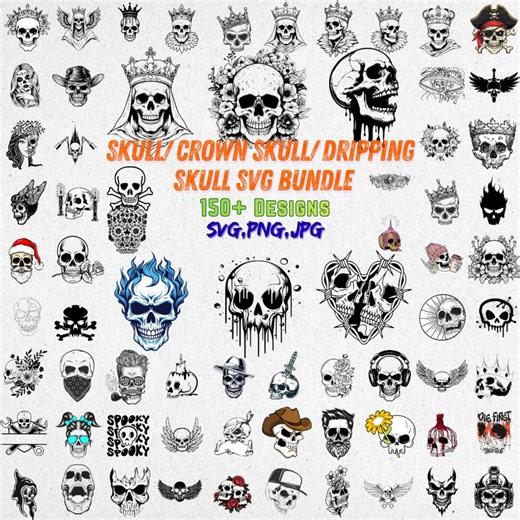 Mystic Skull SVG Mega Bundle – 150  Crown Skulls - Floral Skull - Dripping Skull, Bow Skull Art – Gothic Vector Pack for Cricut & Silhouette - Etsy