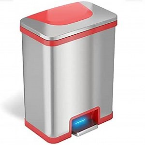 halo TapCan 13 Gallon Effortless Trash Can with One-Tap Pedal Sensor and Odor Control System - Stainless Steel with Red Trim