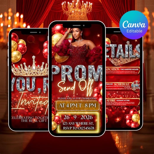 Digital Prom Send off Invitation, Red Glam Prom Party Invite, Animated Graduation Prom Queen Evite, Photo Prom Template, Editable Ecard - Etsy