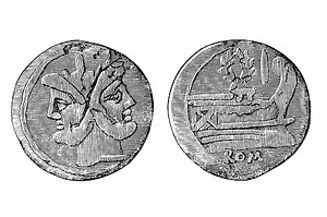 Illustration of a Two-faced Janus. Two male heads in profile,...