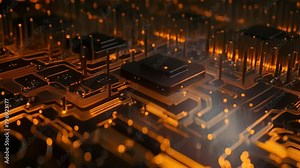 Closeup of electronic circuit board with microchips. 3d rendering, Futuristic technology wallpaper with digital waves and circuit board patterns against a black background