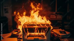 Office Printer Fire Disaster - A multifunction printer is engulfed in flames on an office desk, surrounded by burning papers and other office supplies.