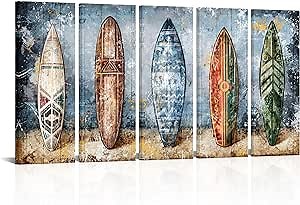 Derkymo Surfboard Wall Art Surf Decor Vintage Travel Poster Hawaii Surfer Room Decor Framed Ready tO Hang 12"x32"x5pcs (L: 32 W: 60)