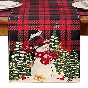 MADLYN RHUE Christmas Table Runner Snowman Red Table Runner Winter Holiday Table Runner Christmas Theme Kitchen Dining Decoration for Home Party Daily Dinner (Black and Red Buffalo Plaid, 13x90)